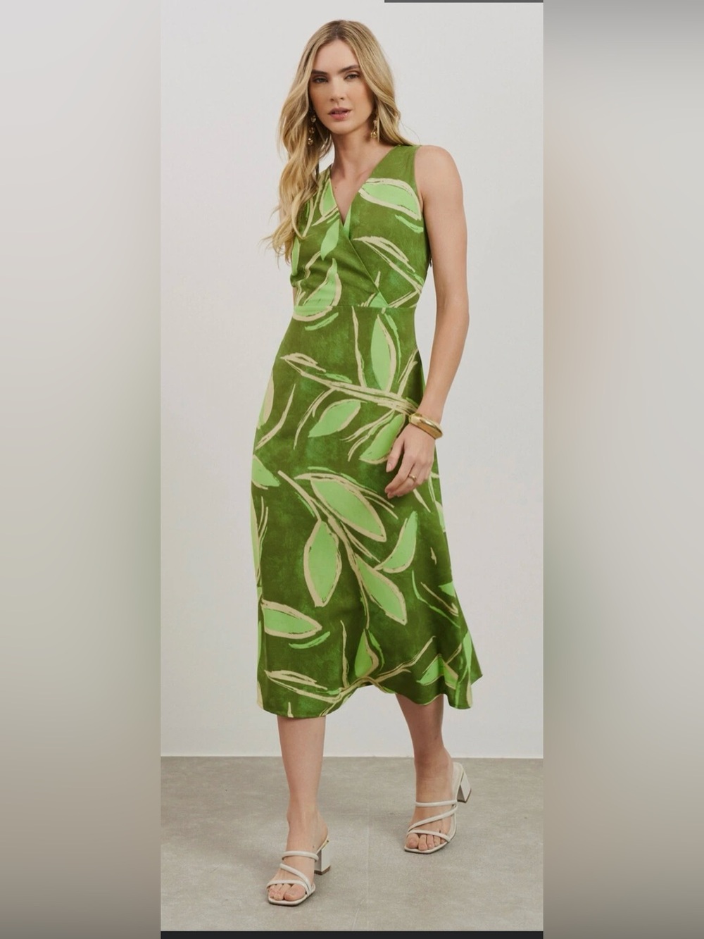 Leaf-Print Retro Green Midi Dress - Women- Made in Brazil